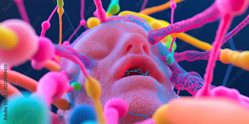 Poster digital rendering: human face interwoven with multicolored organic structures