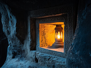 Ancient Lantern's Glow in Stone Passageway