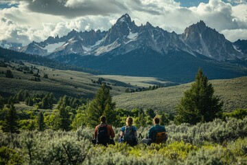 Obraz premium Three adventurers relax in serene mountain landscape, absorbing