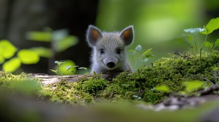 Curious boar piglet peeking, forest, spring