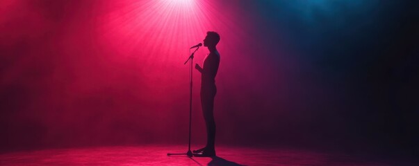 Silhouette of young asian male singing on stage with vibrant red and blue lighting