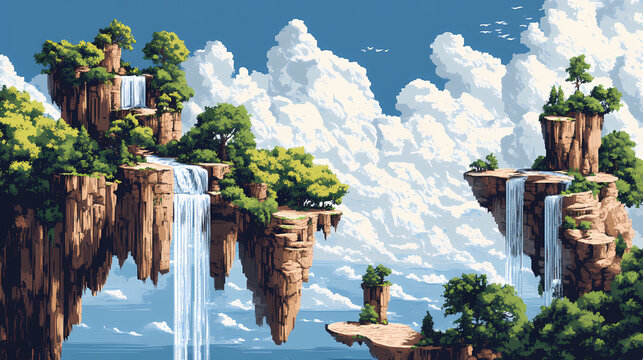 A fantastical dreamscape of floating islands, sky-high waterfalls, and surreal, unattainable vistas. Dreamscape Falls. Illustration