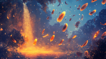 Fototapeta premium A surreal scene of glowing feathers falling from the sky. Dreamscape Falls. Illustration