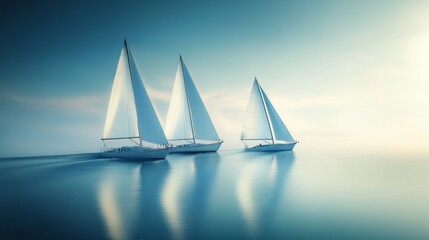 Naklejka premium Three sailboats glide gracefully across a tranquil sea under a vast, serene sky, embodying freedom and the call of the open water.