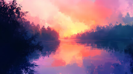 A time-lapse of a serene lake reflecting the sunset sky, the colors shifting from soft pastels to deep blues as night falls. Dreamscape Falls. Illustration