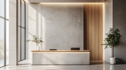 Modern office reception desk, sunlight, plants, minimalist design