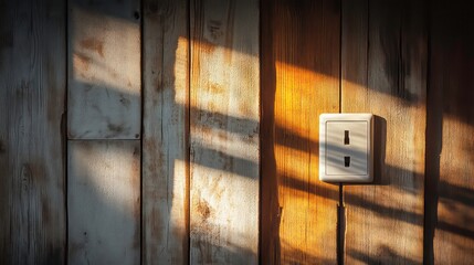 A simple light switch on a wooden wall, with warm lighting casting soft shadows.