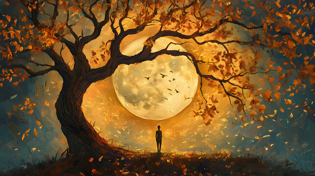 Autumn moon meditation: a solitary figure finds peace beneath the fiery glow of a harvest moon, framed by the sprawling branches of an autumnal tree. Dreamscape Falls. Illustration