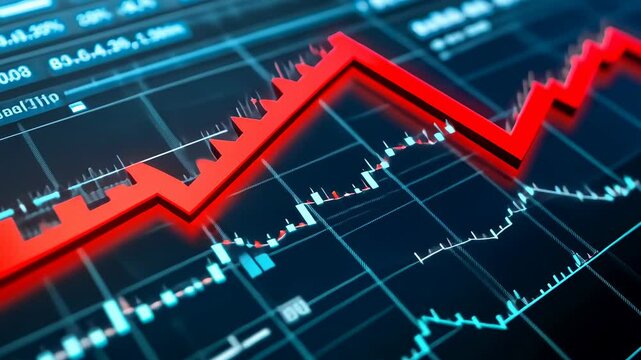 Graph depicting downward trend financial context,highlighted red blue digital background.Detailed data analysis presented screen,illustrating market decline.professionals analyze critical economic