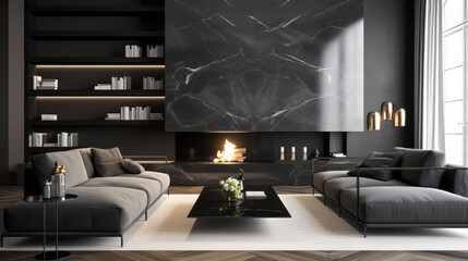 A luxurious living room featuring a polished marble fireplace, a large velvet sectional sofa and bed