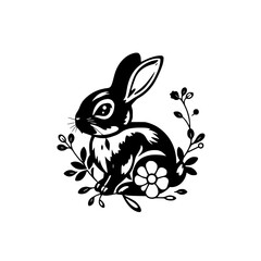 Elegant Black and White Rabbit Illustration with Floral Design. Perfect for Springtime Decor, Easter Cards, and Nature-themed Projects.
