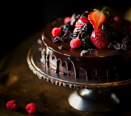 gourmet chocolate cake with fruit