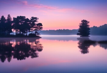Fototapeta premium tranquil dusk landscape featuring dreamy lighting peaceful natural setting, nature, sky, clouds, water, reflections, horizon, silhouette, trees, grass