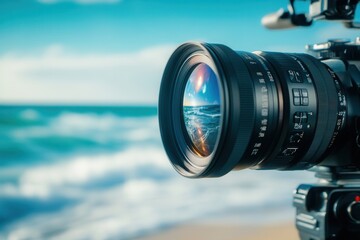 Professional cinema camera recording ocean waves on beach