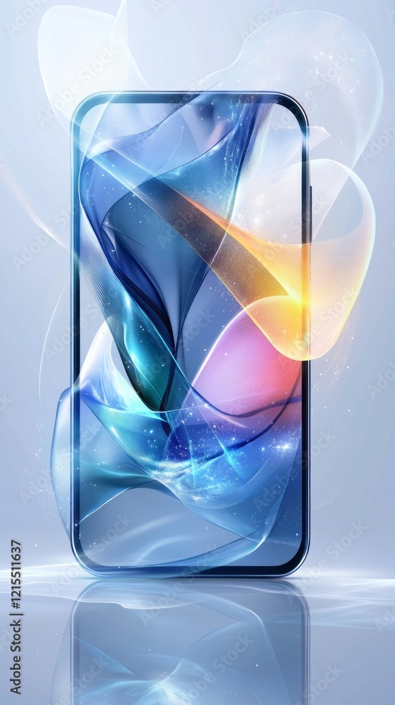 Aufkleber 3d rendering of an abstract smartphone design with swirling colors and fluid shapes, floating on a l