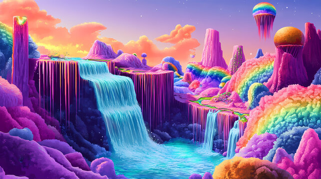 Imagine a surreal dreamscape with floating islands, rainbow waterfalls, and gravity-defying landscapes immersed in a technicolor wonderland. dreamscape. illustration. Dreamscape Falls. Illustration