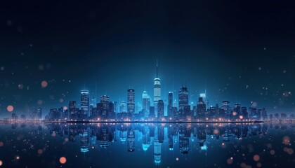 Futuristic cityscape at night. Skyscrapers reflect on still water. Glowing lines, lights create abstract energy pattern. Dark background with bright cyan color. Modern tech city. Financial industry