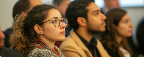 Diverse group of young adults attentively listening in a conference setting