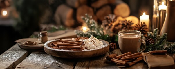 Fototapeta premium Cozy winter scene with hot chocolate, cinnamon sticks, marshmallows, and pine cones on rustic table