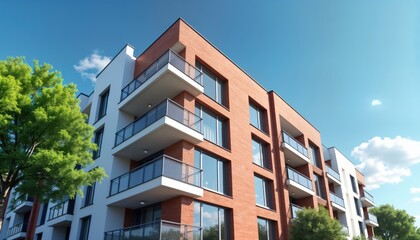 Modern apartment block stands tall against clear sky. Brick, white facade. Balconies with railings. Urban residential building. Trees near base. City residence. Building exterior. Architectural