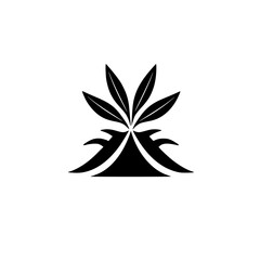 Volcano and Leaves: A Minimalist Nature Design.  Black and white vector graphic, perfect for logos, icons, and illustrations. Simple, elegant, and modern aesthetic.