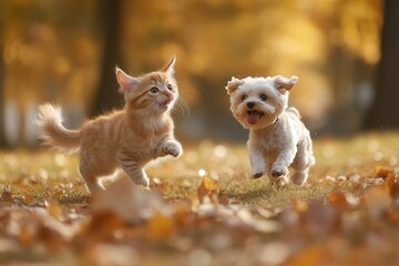 Obraz premium Playful kitten and puppy running in autumn leaves