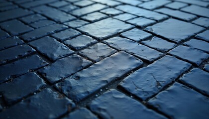 Close-up view of patterned blue stone floor. Cobblestone texture design. Geometric pattern. Abstract background. Modern material. Suitable for wallpaper background. Decorative structure. Smooth