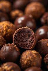 Close-up of various chocolate truffles, showcasing their glossy