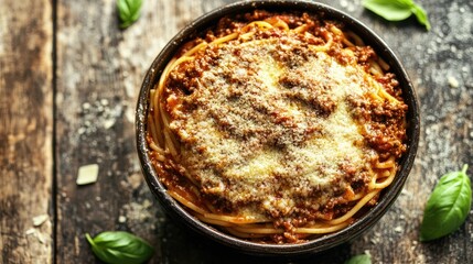 Savory baked pasta topped with melted cheese and fresh basil lea