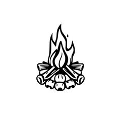 Campfire vector illustration. Black and white drawing of burning wood and flames. Perfect for camping, hiking, and nature-themed designs.