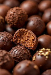 Close-up of various chocolate truffles, showcasing their glossy