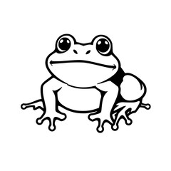 Adorable Cartoon Frog Illustration: A charming black and white vector graphic of a happy frog, perfect for kids' books, websites, and more.