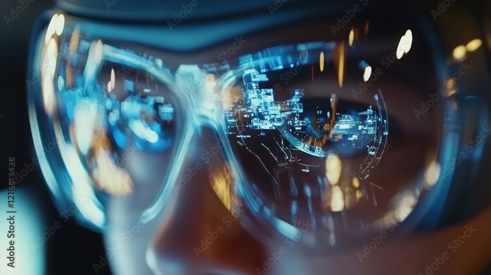 Poster close up of protective goggles reflecting intricate data streams and a futuristic interface, depicti