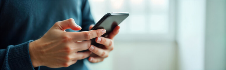 Man using smartphone. Hands hold mobile phone. Focus on hands, device. Modern tech communication. Interior setting. Casual scene. Business person. Person using phone. Man holds phone. Person uses