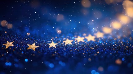 Obraz premium A spiral row of stars curving outward from the center, over a starry blue bokeh.