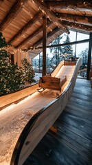 Obraz premium Festive sleigh experience curator explains gigapixel display at a cozy winter lodge in the snowy mountains