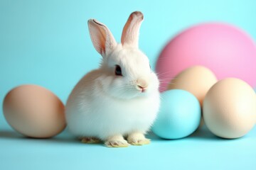 Obraz premium Adorable Rabbit With Easter Eggs on Colorful Background