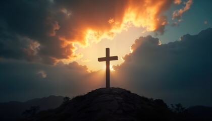 Religious cross stands tall on mountaintop under dramatic sunset sky. Clouds gather around cross casting shadows. Peaceful, spiritual scene evokes feelings of faith, hope. Image suggests religious