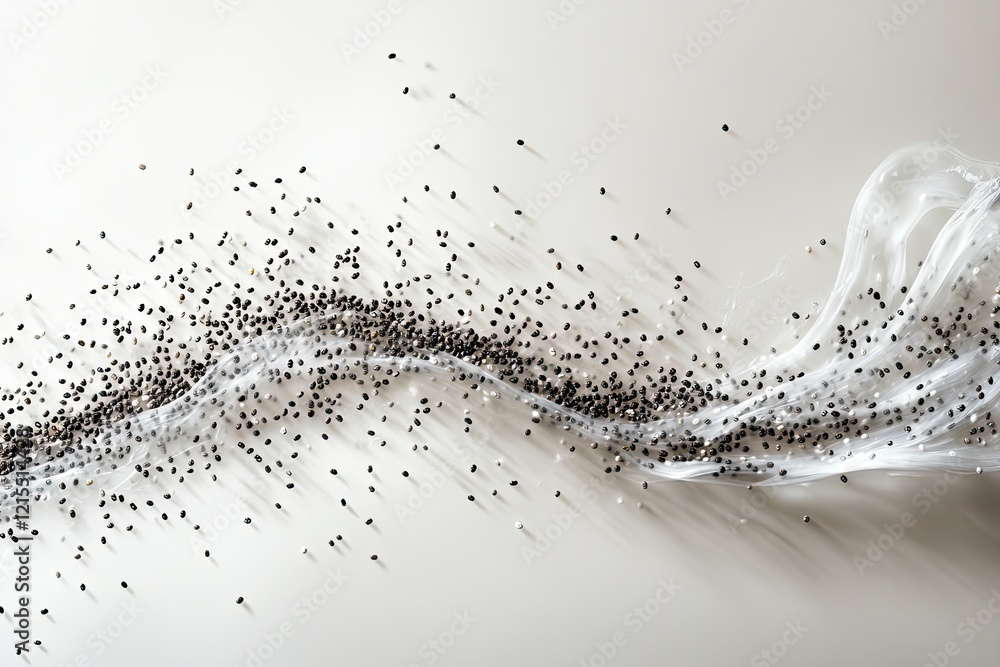 Poster fluid motion created with particles and translucent fabric sugge