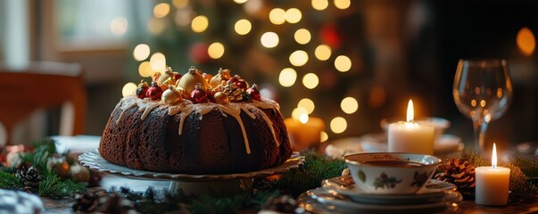 Festive holiday cake with icing on decorated table with candles and christmas tree