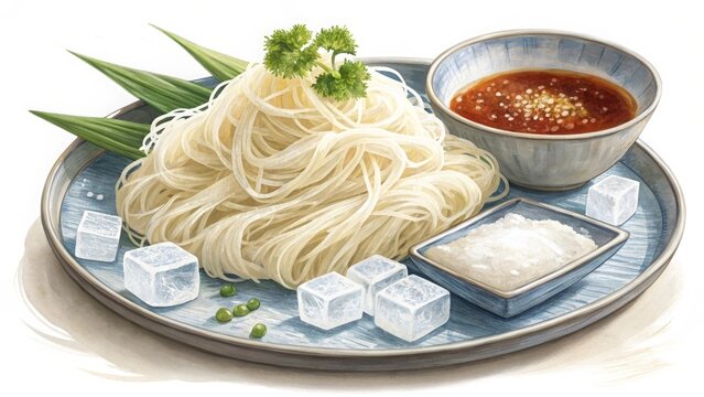 Chill out with somen noodles a refreshing japanese delight served with ice and dipping sauce in a serene dining setting