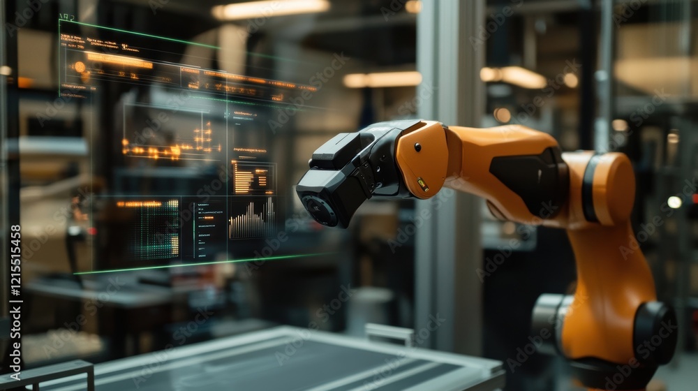 Poster orange robotic arm manipulates a transparent digital display showing various data visualizations and