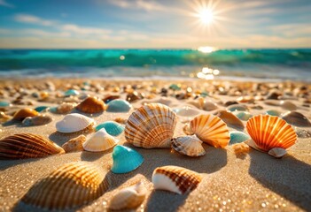 colorful seashells displayed smooth sandy beach gentle waves washing ashore capturing beauty, coastline, ocean, vibrant, marine, texture, natural, collection