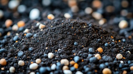 Dark soil, fertilizer granules, close-up, background blurred, gardening