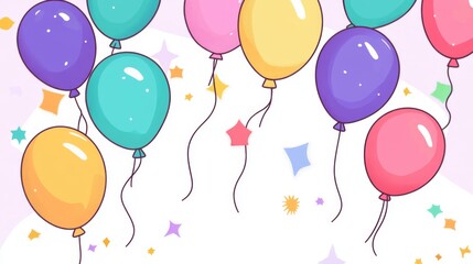 An array of colorful balloons and stars floating against a light, festive background, creating an uplifting and joyful atmosphere suitable for celebrations.