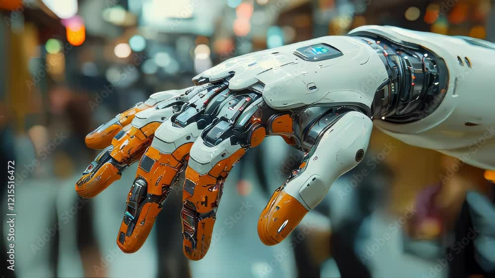Poster high-tech robotic hand with illuminated leds and futuristic design details, showcasing technology an