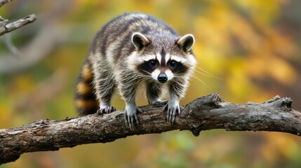 Obraz premium A curious raccoon is captured adorably perching on a tree branch amid a lush forest background, showcasing its natural habitat and inquisitive nature.