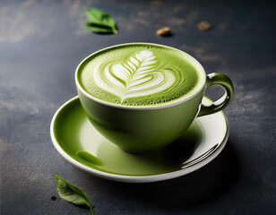 aromatic green tea latte with delicate foam art on a textured surface