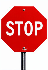 Obraz premium Bright red stop sign on a white background, emphasizing road safety.