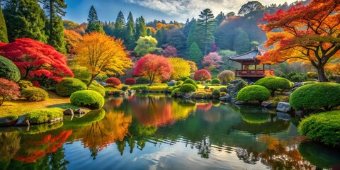 Serene Japanese Garden Lake, Bokeh, Autumn Colors, Kubota Garden
